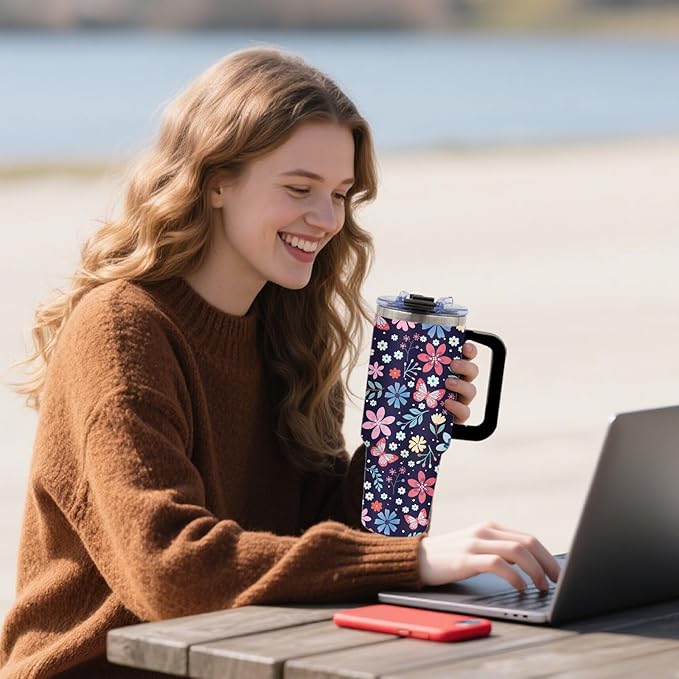 Gifts for Women - Floral Tumbler 40oz with Handle and Straws, Leak-proof, Stainless Steel Insulated Travel Coffee Mugs for Flower Themed Cups, Female Birthday Christmas Gifts
