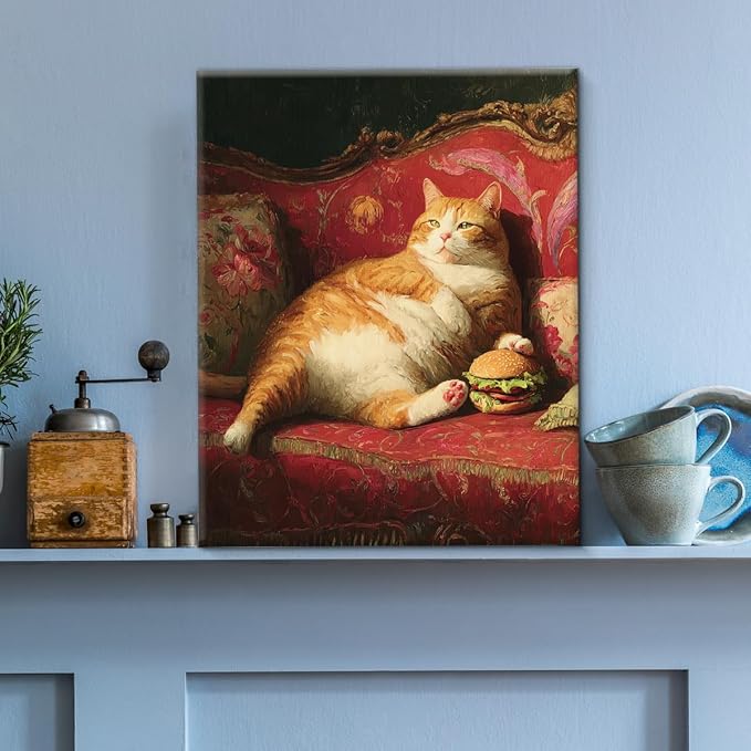 Vintage Fat Cat Wall Art Decor Funny Lazy Cat with Hamburger Print Picture Cat Lover Gifts Wall Decor for Home Living Room 8x10 Inch Canvas Framed