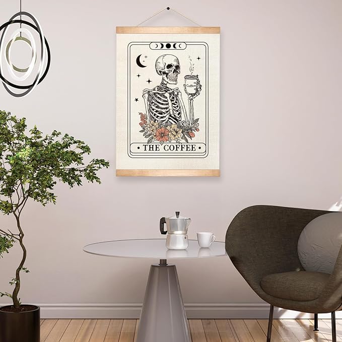 HEYJEEPER The Coffee Tarot Card Wall Art,Retro Skeleton with Floral Canvas Print Hanging Poster,Funny Skull Wall Decor for CoffeeBar,Cafe Shop or Kitchen,Coffee Lovers Gift 14x18inch