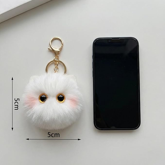 Cute White Cat Plush Keychain - Kawaii Snow Cat Pom Pom Bag Charm, Soft Keychain for Backpack Purse, Birthday Gift for Women Girls