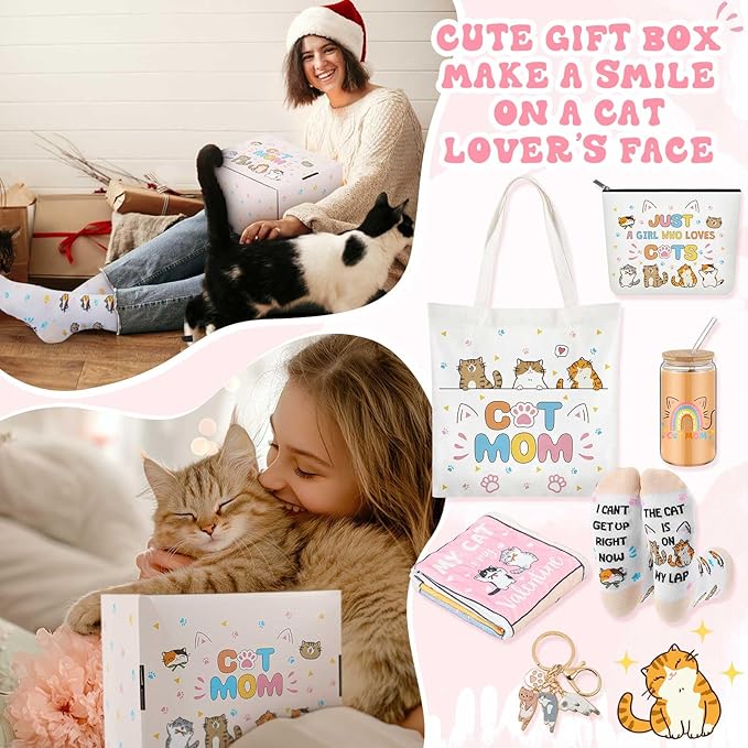 Paterr 6 Pcs Cat Mom Cat Lover Gifts for Women Christmas Canvas Tote Bag Makeup Bag Print Blanket Socks 16oz Glass Coffee Cup with Straw Cute Keychain for Mother's Day Birthday Girls Daughters Sister