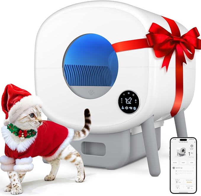 Cumrige Self Cleaning Litter Box, Large Capacity Automatic Cat Litter Box Self Cleaning for Cats, App Control,Safety Protection, 2 Roll Garbage Bags,White & Grey