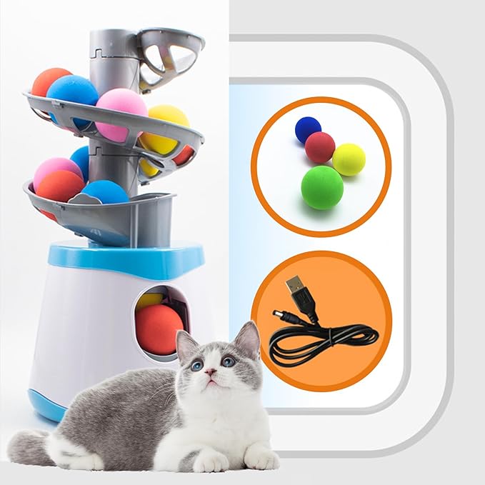 Automatic Cat Toy Ball Launcher with 16 EVA Bouncy Balls, Interactive Toys for Indoor Fetch Toy Machine for Playing Training