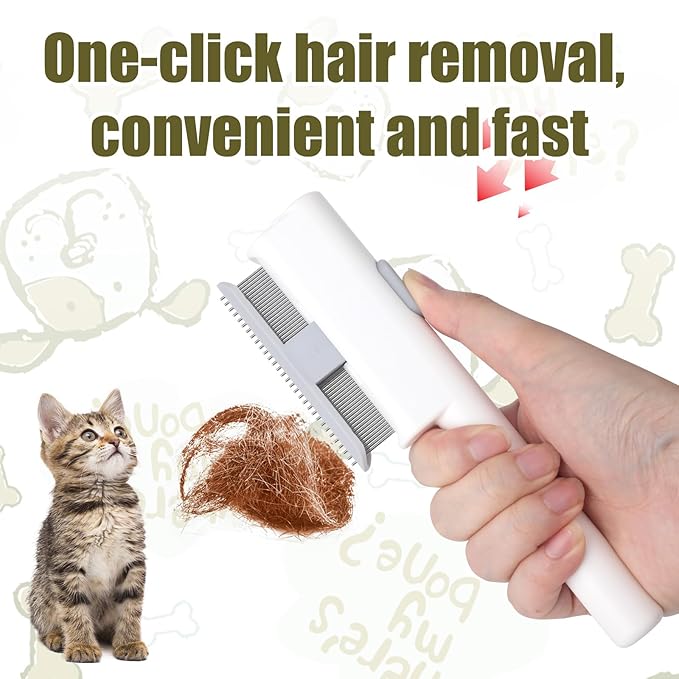 Pet Hair Remover Comb, Cat Brush with Release Button Self-Cleaning Pet Grooming Brush for Shedding Tangles & Removal Loose Hair for Dogs Cats (Long & Short Teeth)