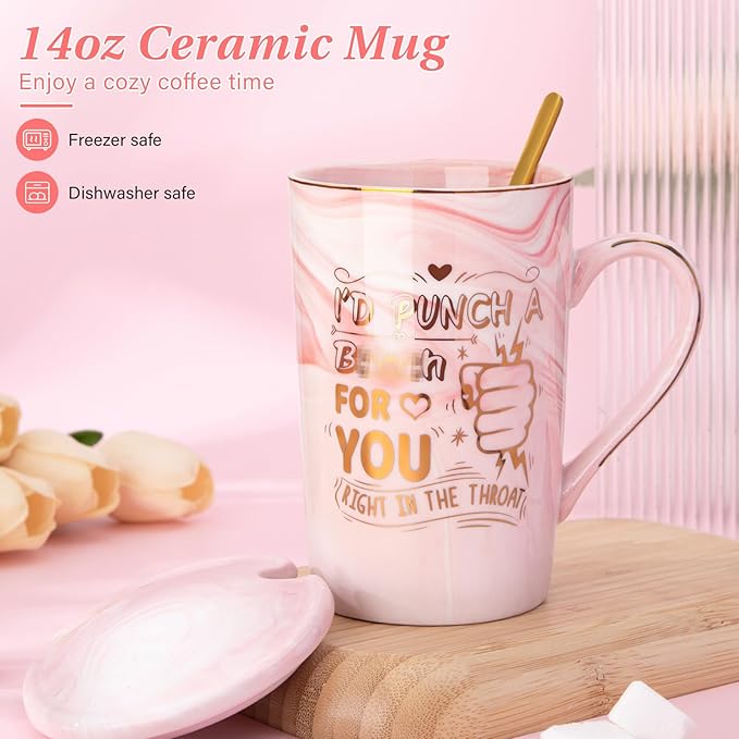 Mothers Day Gifts for Mom Wife from Daughter Son, Funny Birthday Gifts for Women – 14oz Ceramic Marble Mug with Gold Print and Knitted Bouquet, Unique Gift Set for Mom, Her, Wife, Sister, Friendship