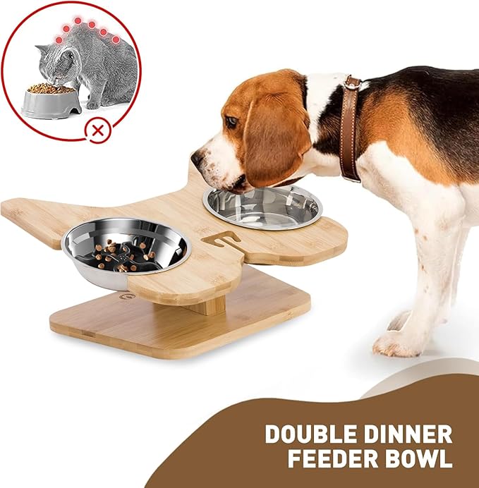 Elevated Dog Bowls Raised Pet Bowl Natural Bamboo Stand with 2 Stainless Steel &1 Slow Feeder Food Bowls Non-Slip Dog Feeder for Puppy Small Dogs and Cats