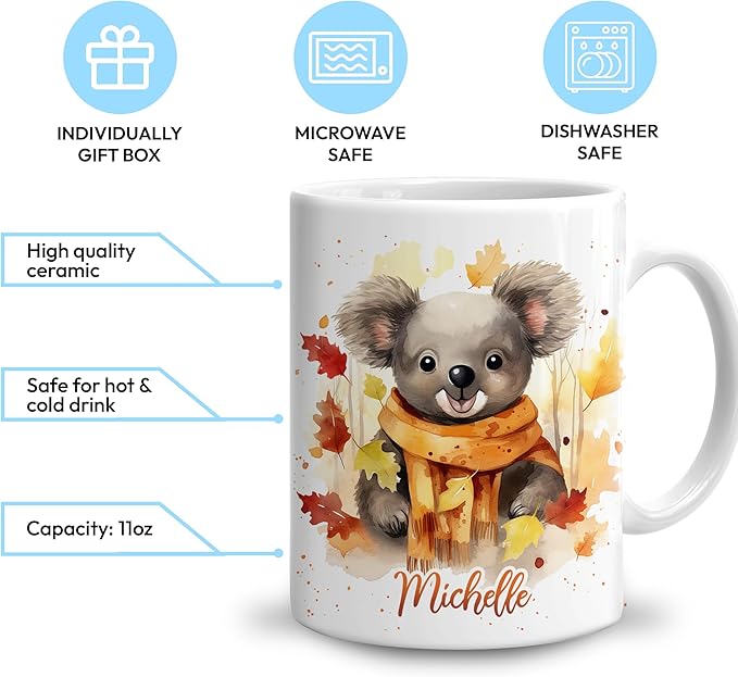 Hyturtle Personalized Fall Koala Coffee Mug - Birthday Gifts For Koala Lovers - Fall Autumn Decor Gifts For Farmhouse Thanksgiving - Custom Name 11oz White Ceramic Coffee Tea Mug