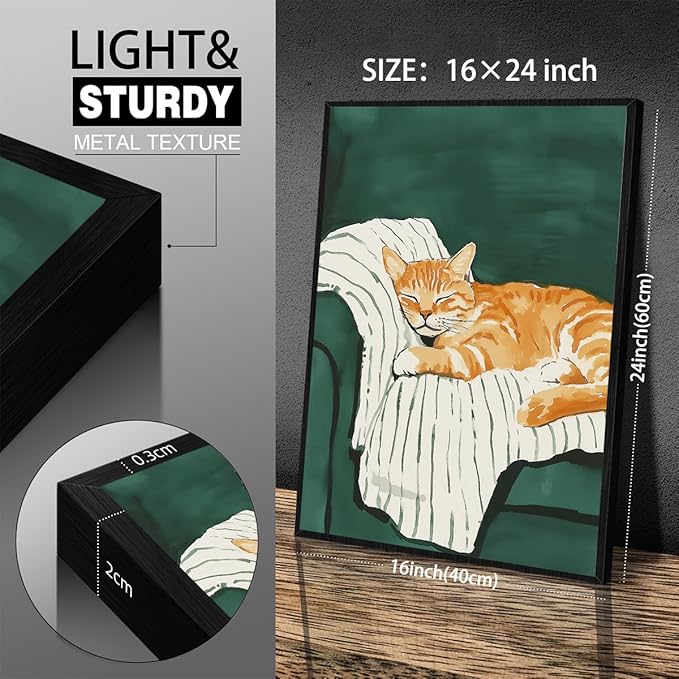 Sleeping Orange Cat poster Green Aesthetic Wall Art Preppy Funky Cute Animal Canvas Painting Gift For Cat Lover 16x24 inch Black Framed for Cozy Room Wall Decor