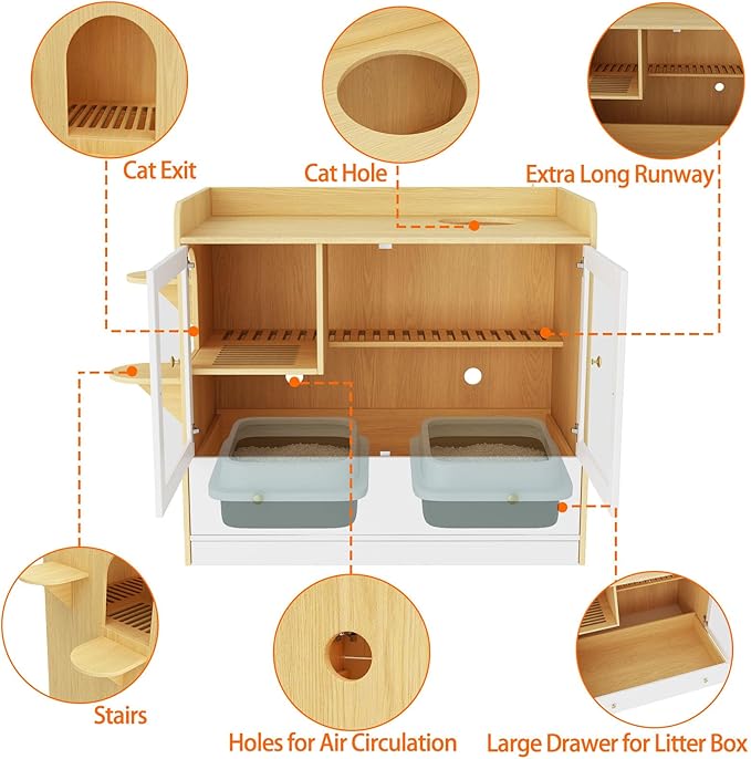 Extra Large Cat Litter Box Enclosure Furniture Hidden, Cat Condo Cabinet Pet House with Stairs for 2, Nightstand Side Table witha Large Drawer for Living Room, Natural