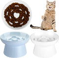 Tioncy 2 Pcs Raised Cat Slow Feeder Bowl Ceramic Elevated Cat Dog Food Bowl No Spill High Edge for Dry Wet Food and Water Easy to Clean, Dishwasher Safe (White,Blue)