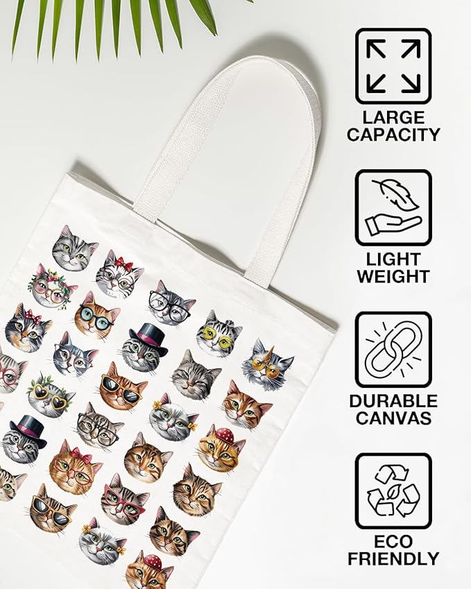 Cute Cat Canvas Tote Bag for Women Funny Cat Bag for Shopping Work Travel Lover Totes Gifts