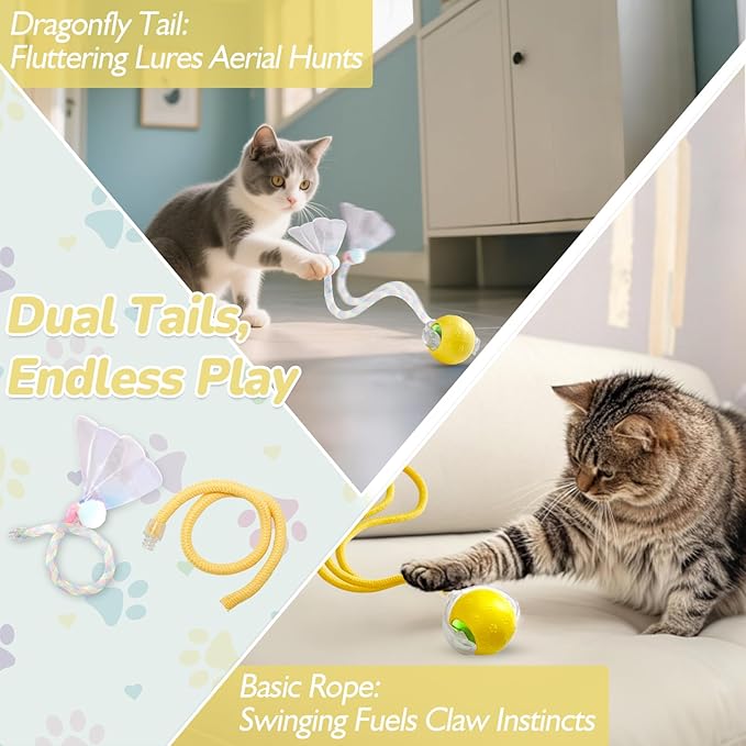 Interactive Cat Toys for Indoor Cats, Fast Rolling, Chirping, Motion Activated Automatic Cat Toy for Enrichment, Smart Cat Ball Toy 1 Count with 2 Tails and 3 Speed Adjustment, Yellow