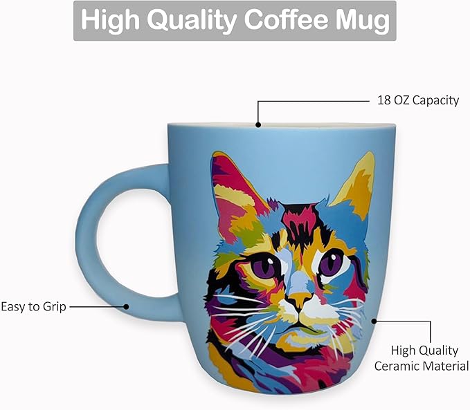 Soft Touch Light Blue Cat Mug - 18 Oz Coffee Mug with Premium Quality Box - Ceramic Mug for Cat Lover - Unique Coffee Cup for Gift