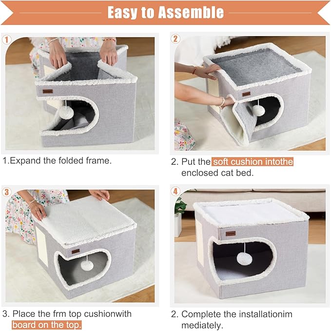 Garnpet Cat Bed for Indoor Cats Cube House, Covered Cat Cave Beds & Furniture with Scratch Pad and Hideaway Tent, Cute Modern Cat Condo for Multi Small Pet Large Kitten Kitty, Navy
