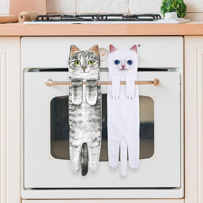 Funny Hand Towels for Bathroom Kitchen Decor - Cute Cat Hanging Hand Towel Kitchen Gadgets - Unique Housewarming Birthday Christmas Cat Lover Gift Ideas for Women Mom Lady Adults