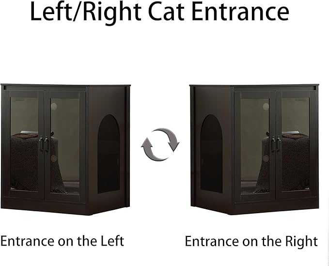 Cat Litter Enclosure with Cat-Viewing Glass Doors, Litter Cabinet with Power Outlet and Cozy LED Lights, Reversible and Optional Entry, Black