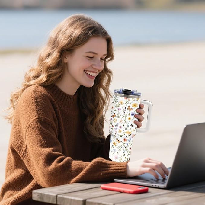 Aesthetic Insect & Floral Themed Tumbler 40oz with Handle and Straws, Leak - proof, Stainless Steel Insulated Travel Coffee Mugs for Women, Gifts Birthday Cup