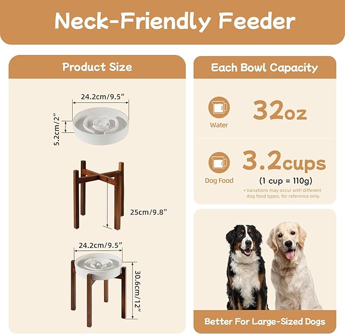 Ceramic 3.2 Cup Raised Slow Feeder Dog Bowl Set, Elevated Acacia Wood Stand for Large Dog, 9.5inch Slow Dish, Preventing Choking(Single Bowl+ Stand, Reactived Glaze -White)