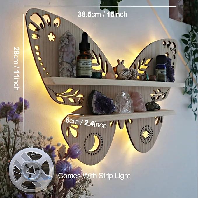 Crystal Display Shelf Wall Moon Shelves Luna Moth Hamsa Hand Holder Floating Wall Mounted Decorative Crystal Shelf (Wooden Butterfly-38.5 * 28cm/15 * 11inch)