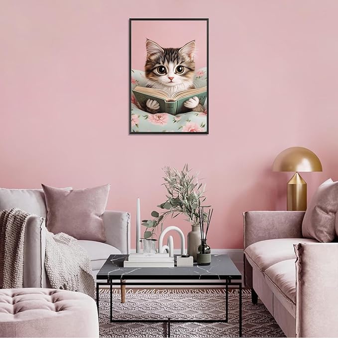 Trendy Cat Reading In Bed Canvas Wall Art Funny Pink Flower Animal Poster Funky Cat Lovers Monet Minimalist Prints Painting For Home Bedroom Kids Room Dorm Wall Decor 12x16in Framed