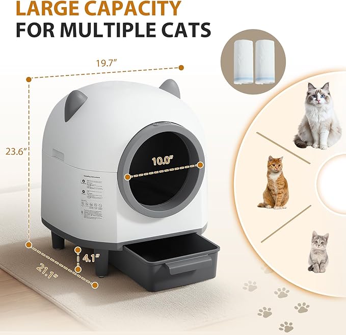 Self-Cleaning Cat Litter Box, Automatic Litters Box for Multiple Cats, Smart Litter Boxs with App Control, Safety Sensors, Removable Washable Liner
