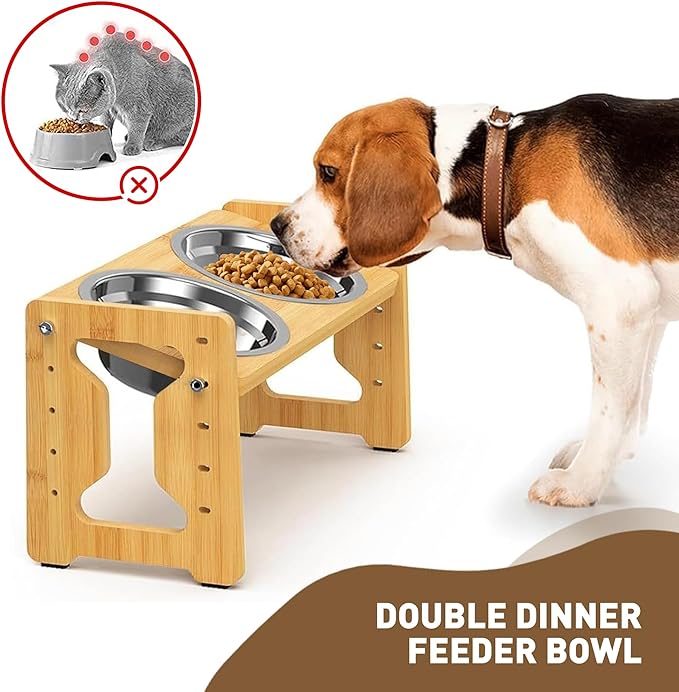 Adjustable Elevated Dog Bowls Raised Dog Bowl Natural Bamboo Stand with 2 Stainless Steel Food Bowls Non-Slip Feeder for Small Dogs and Cats (Natural)