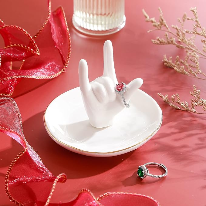 PUDDING CABIN Ring Holder - I Love You Hand, Ceramic Jewelry Dish, Valentine's Day, Wedding, Birthday, Mothers Day Gifts for Women