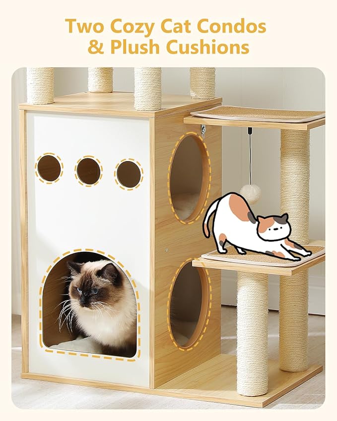 MUTTROS 42.5" Modern Wooden Cat Tree with 2-Story Condo, Scratching Posts, Capsule Nest & Dangling Balls - Sky City Design Indoor Furniture for Cats, Beige