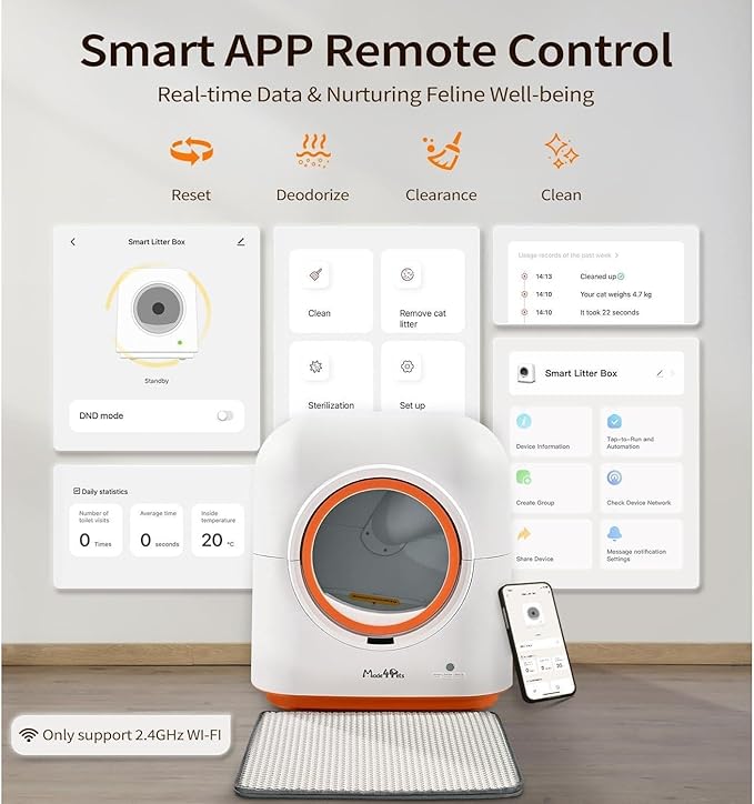 60L Self-Cleaning Litter Box with Automatic App Control PIR Motion Sensor Odor Elimination White and Orange Including Waste Bags