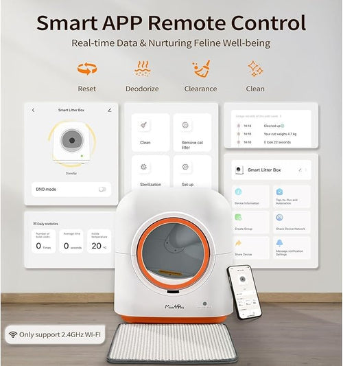 60L Self-Cleaning Litter Box with Automatic App Control PIR Motion Sensor Odor Elimination White and Orange Including Waste Bags
