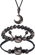 Black Obsidian Cat Bracelet and Moon Pendant Necklace Jewelry Set-Cat Lover Gifts,Wealth Attraction,Good Luck,Bead Bracelet,Mindfulness,Beaded Bracelets, Obsidian Pendant Necklace-Cute Gifts for Women