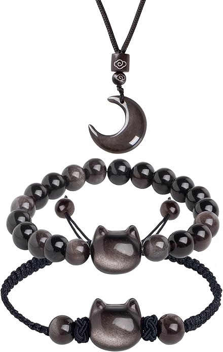 Black Obsidian Cat Bracelet and Moon Pendant Necklace Jewelry Set-Cat Lover Gifts,Wealth Attraction,Good Luck,Bead Bracelet,Mindfulness,Beaded Bracelets, Obsidian Pendant Necklace-Cute Gifts for Women