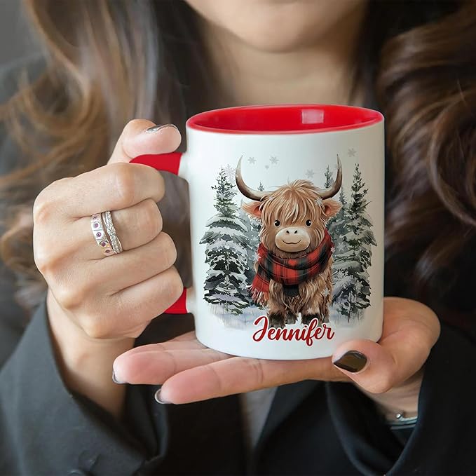 Hyturtle Personalized Winter Highland Cow Coffee Mug - Birthday Christmas Gifts For Cow Lovers - Cute Cows Gifts For Boys Girls Women - Highland Cows 11oz Two Tone Color Red/White Ceramic Tea Mug Cup