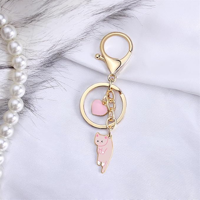 Lazy Cat Pink heart Keychain Fun Cartoon Kitten Cute Key Ring for Animal Key Chain Girl Birthday
