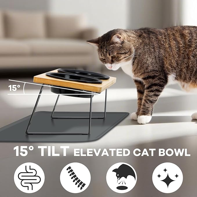 Upgraded Adjustable Height Cat Food Bowls Stand Ceramic Dog Bowls and Slow Feeder Cat Bowl, 15°Tilted Stand Anti Vomiting Raised for Small and Medium Sized Cats Dogs (Black (2 Bowl+Pet mat))