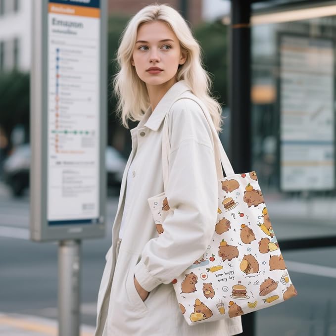 Aesthetic Canvas Tote Bag for Women - with Magnetic Snap Closure & Zipper Inner Pocket Reusable Bag for Shopping