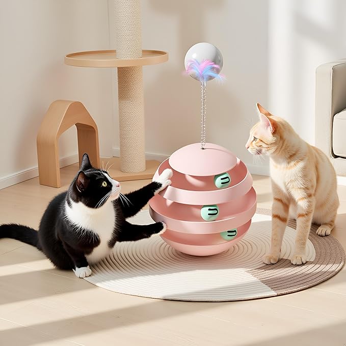 Cat Toys for Indoor Cats, Interactive Cat Toy Ball Track with Feather Sticks, 3 Spinning Balls, Wobble Rotating Tumbler Base for Bored Indoor Adult Cats to Play Alone, Reduce Anxiety (Pink).