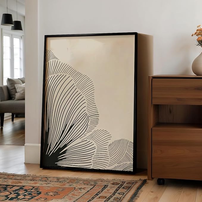 Abstract Black and Beige Flowers Canvas Wall Art, Neutral Floral Lines Poster, Modern Minimalist Floral Wall Decor, Boho Botanical Sketch Art Print for Living Room Bedroom 8x10in Framed