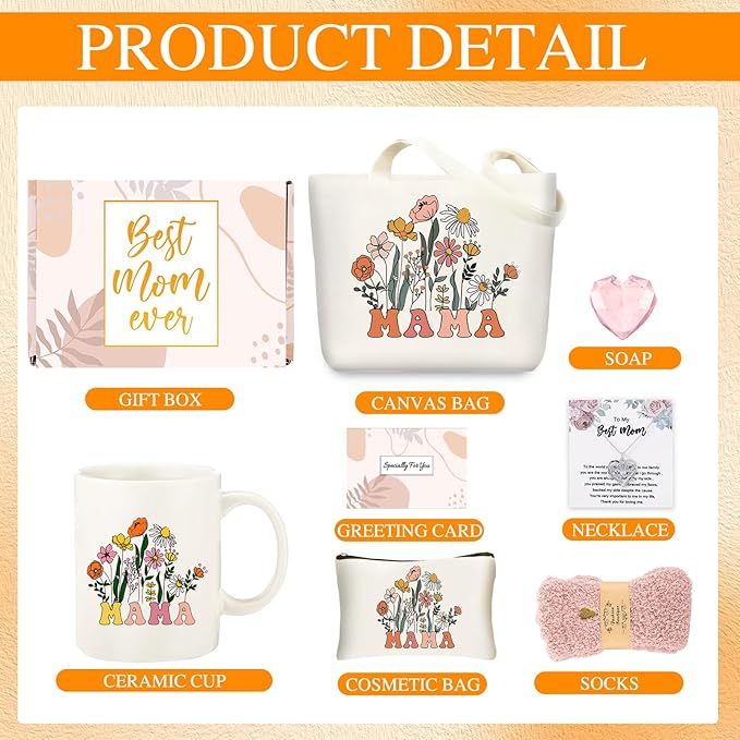 DHQH Mother’s Day Gifts for Mom from Daughter Son, Mama Birthday Gifts Set, 11oz Coffee Mug with Tote Bag, Mama Necklace for Women