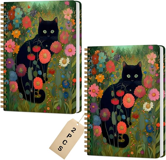 2 Packs, Cat Spiral Notebook Pretty Aesthetic College Ruled Journaling Notebooks Black Cat Lover Gifts for Women Teacher Friend Teens Notebook Journal, Journals for Writing Office Classroom Supplies