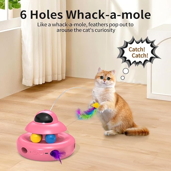 Automatic Cat Toys,4-in-1 InteractiveCat Toys for Bored Indoor Adult Cats, Electric Flying Butterfly,Rechargeable Moving Ambush Feather,Pink Kitter Toy Track Balls