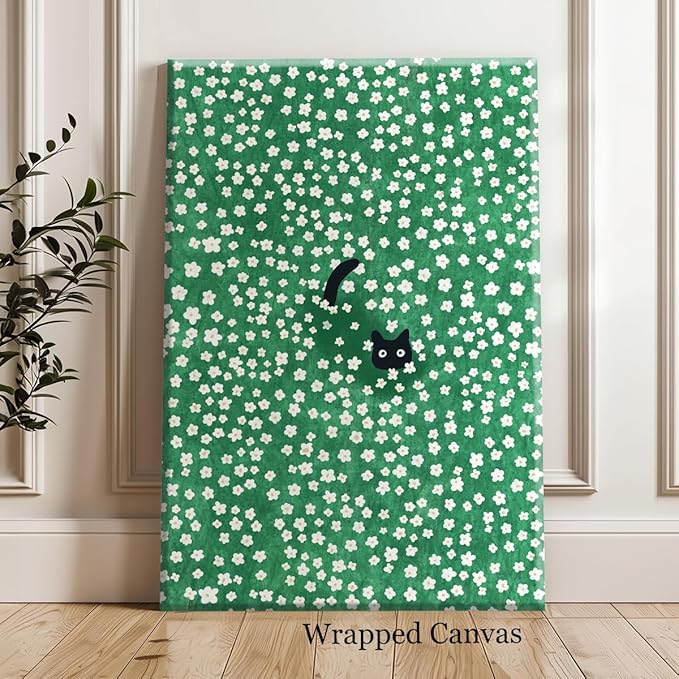Black Cat Canvas Wall Art, Cute Cat In Daisies Meadow Aesthetic Poster, Adorable Animal Picture Rich Green Print Painting for Bedroom, Nursery Wall Decor Pet Lover Gift 24x36in Wrapped Canvas