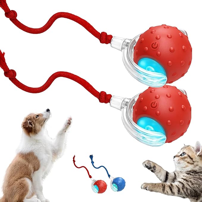 2026 New Interactive Fast Moving Toys Balls with Birdsong, Interactive Dog Cat Toys Balls, 360° Smart Automatic Rolling Electric Dog Ball Toy with Rope for Dogs and Cat Indoor Play (2PCS-Red)