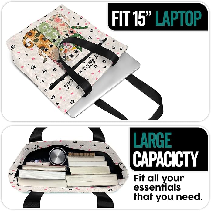 Waterproof Tote Bag with Pockets and Zipper for Work. Shoulder Bag for Women. Gift for Cat Lover Cat Owner.