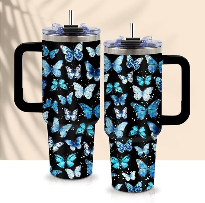 Butterfly Tumbler 40oz with Handle - Blue Butterfly Gifts for Women, Insulated Stainless Steel Water Bottle with Straw, Cute Travel Coffee Mug Cup for Mom Her Birthday Christmas