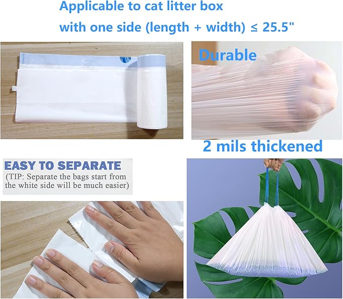 100 Count Cat Drawstring Litter Box Liners 26.6x16.7 inches 2Mils Super Thick for the litter robot 4, 3 Cat Litter Pan Trays (Blue Drawstring 100 count)