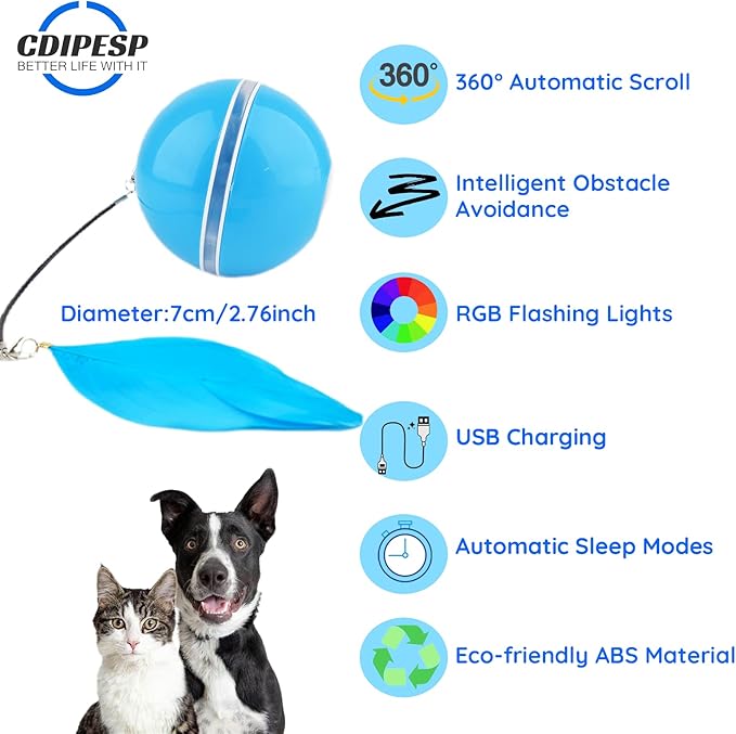 Automatic Active Rolling Ball for Cats, Self Moving Interactive Dog Toys for Boredom, Wicked Ball for Small Dogs/Cats with LED Lights, USB Rechargeable(Blue)