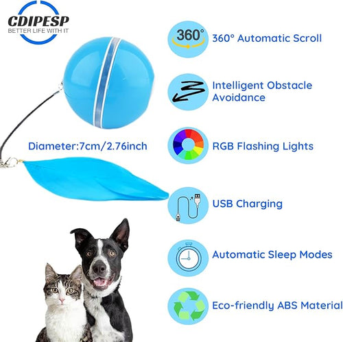 Automatic Active Rolling Ball for Cats, Self Moving Interactive Dog Toys for Boredom, Wicked Ball for Small Dogs/Cats with LED Lights, USB Rechargeable(Blue)