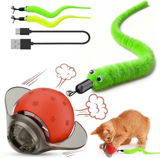 Interactive Cat Toy Ball – Firefly Automatic Moving Electric Kitten Toy with 2 Feather Tails, 3-Speed Modes, USB Rechargeable, Chirping Sounds & Motion Activation for Bored Cats