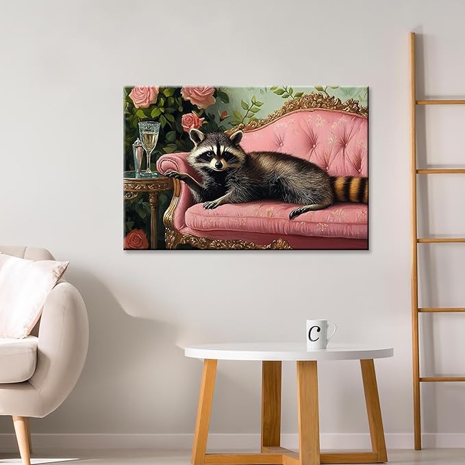 Raccoon With Martini Wrapped Framed Print Poster Whimsical Animal Art Bar Cart Decor Wall Art Room Decor Aesthetics Ready To Hang 12X18 inch